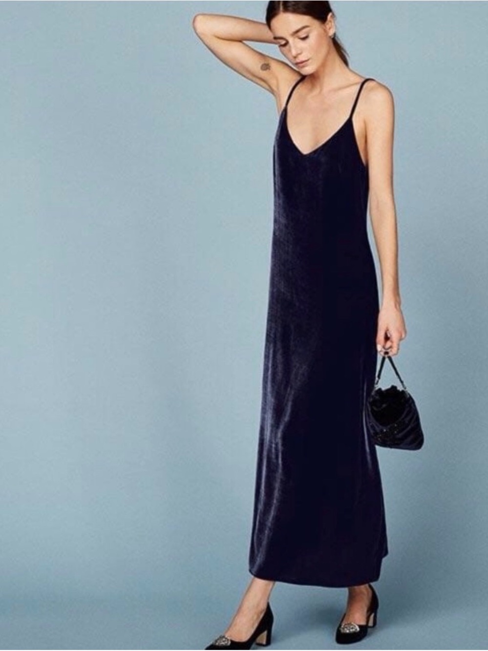 Reformation Navy Velvet Slip Maxi Dress - Picture 2 of 13